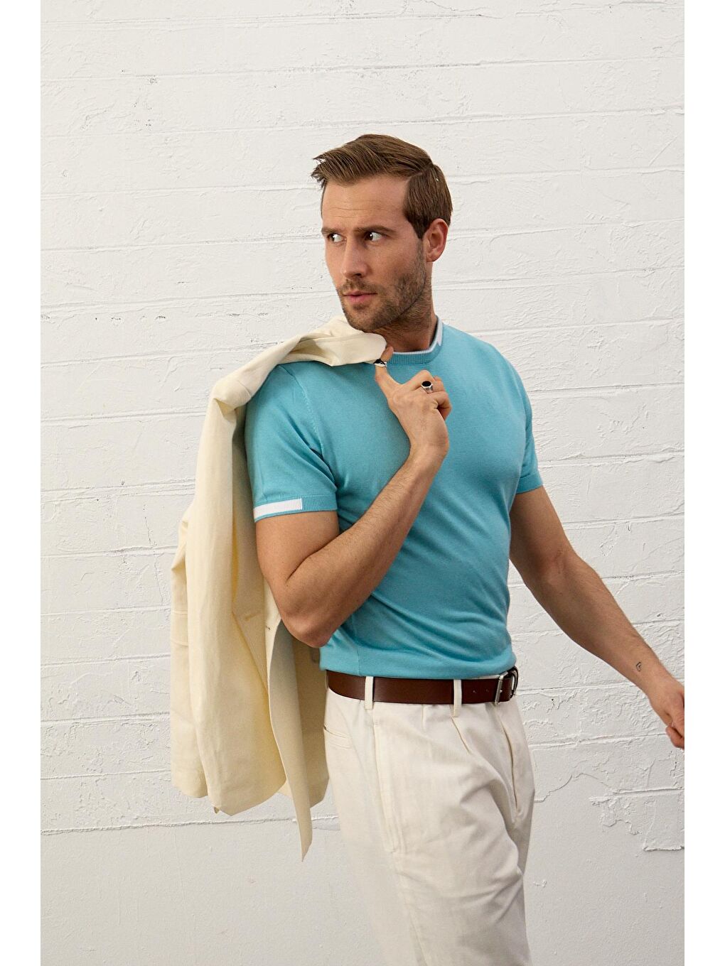 Danger Mavi Erkek Garnili Slim-Fit Yazlık Triko Tişört Aqua - 4