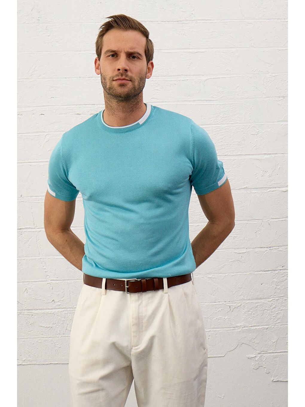 Danger Mavi Erkek Garnili Slim-Fit Yazlık Triko Tişört Aqua - 5