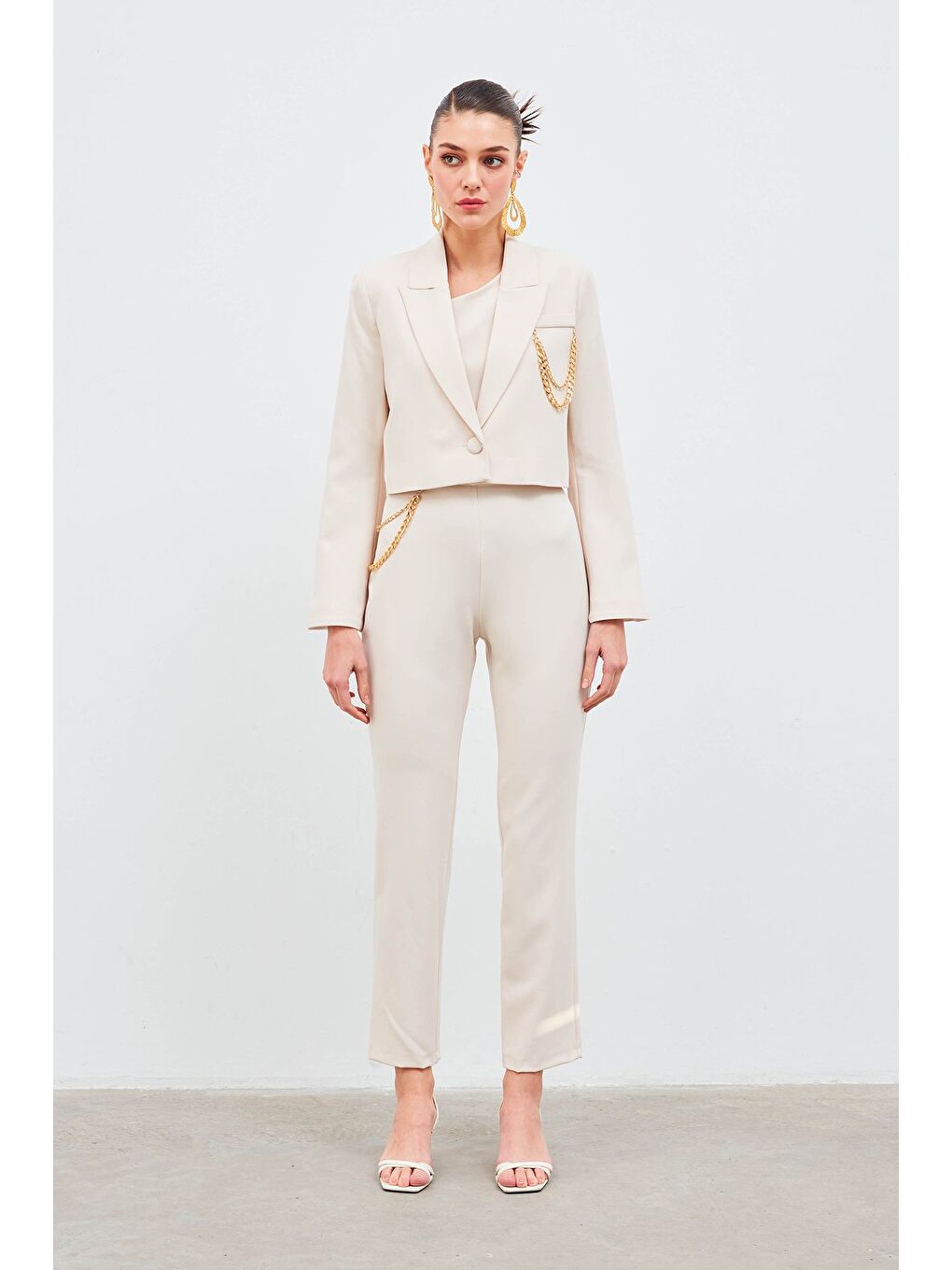 Zincir Aksesuarlı Pantolon - Bej-1