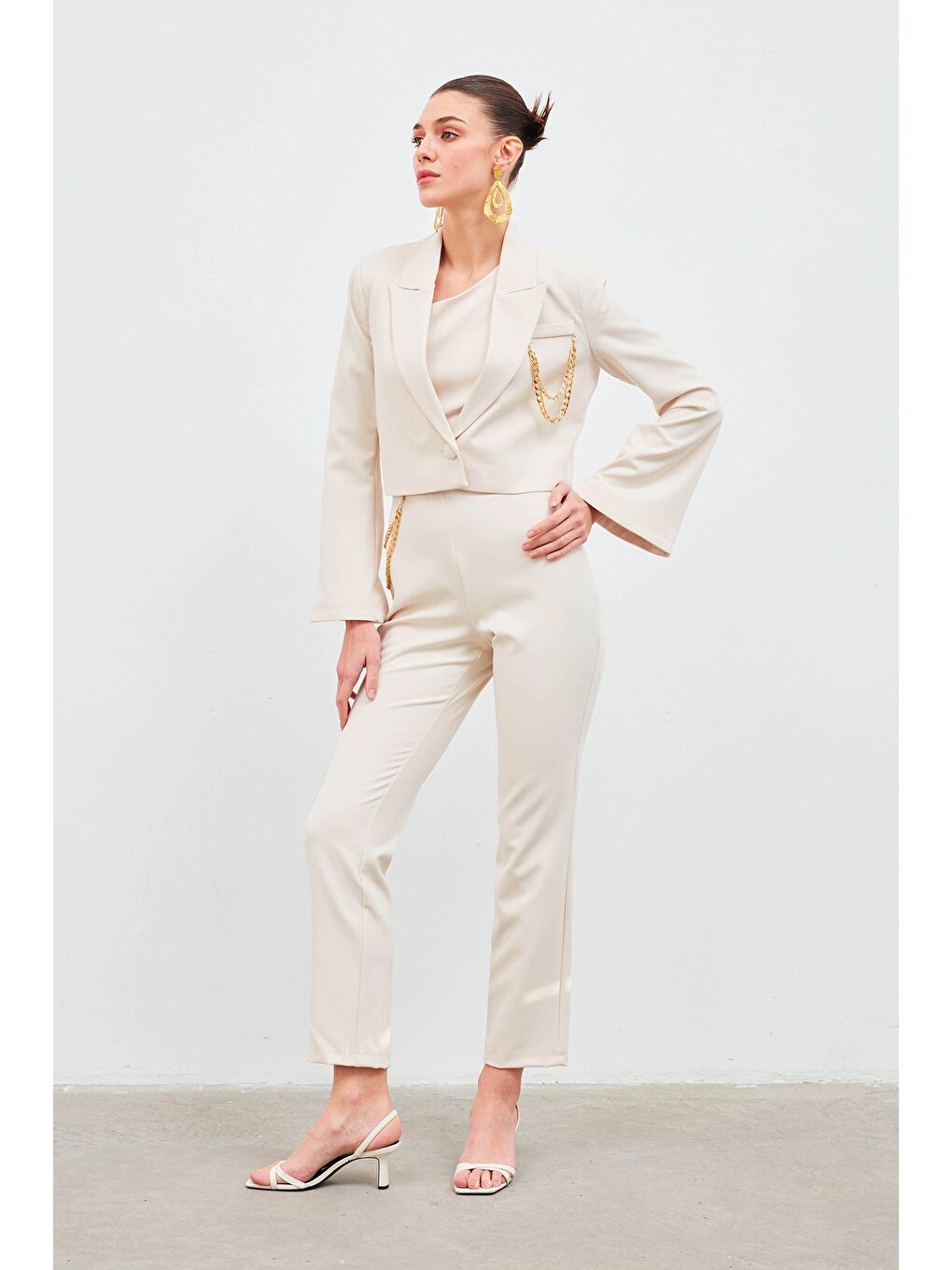 Zincir Aksesuarlı Pantolon - Bej-2