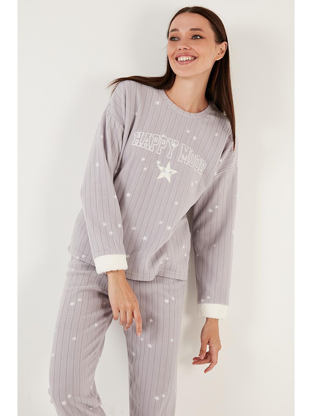 Gri Regular Fit Bisiklet Yaka Polar Pijama Takımı 6571005-2