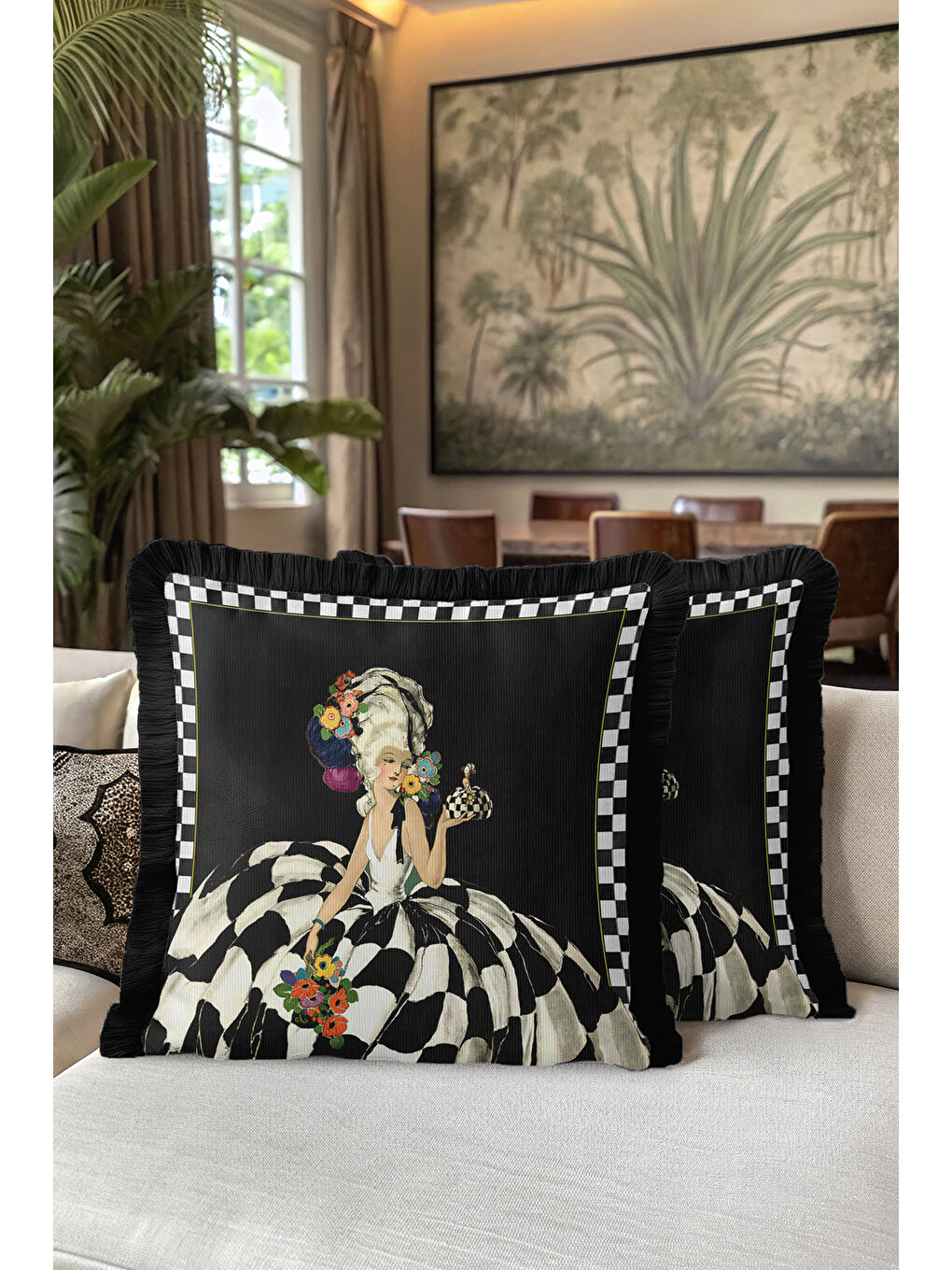 Karışık Barok Zarif Saçaklı Yastık Kılıfı - Monokrom Retro Siyah Beyaz Püsküllü Kırlent Kılıfı-5