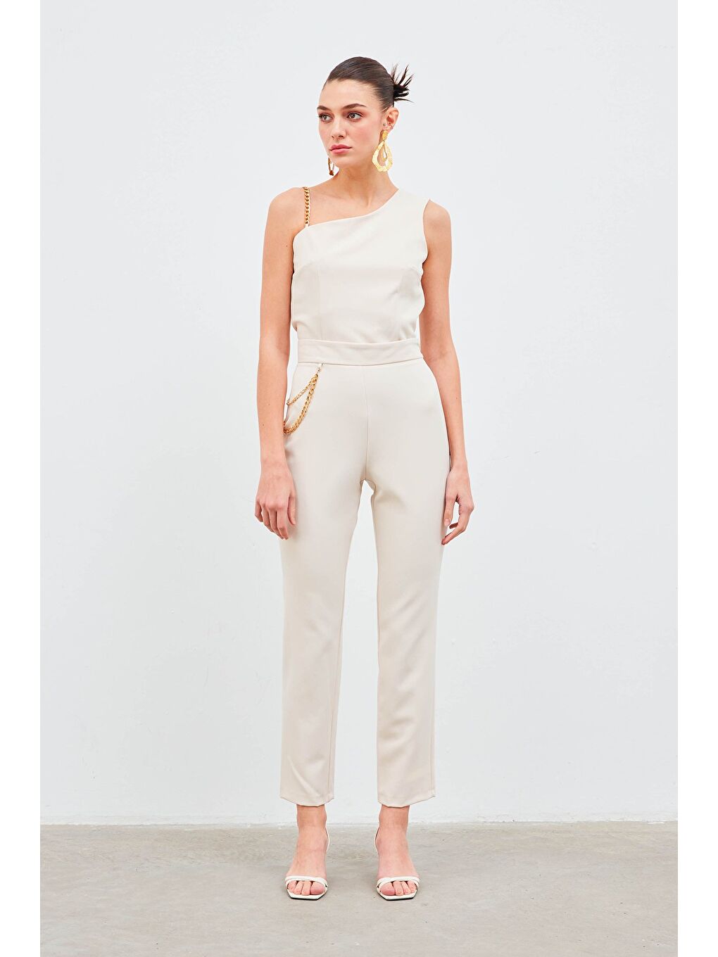 Zincir Aksesuarlı Pantolon - Bej-3