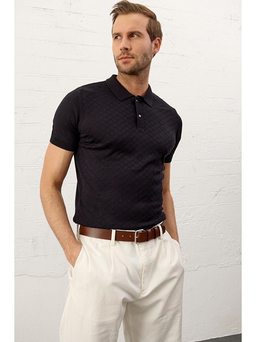 Danger Erkek Yumuşak Dokulu Slim-Fit Polo Yaka İnce Triko TişörtKoyu Lacivert - 1