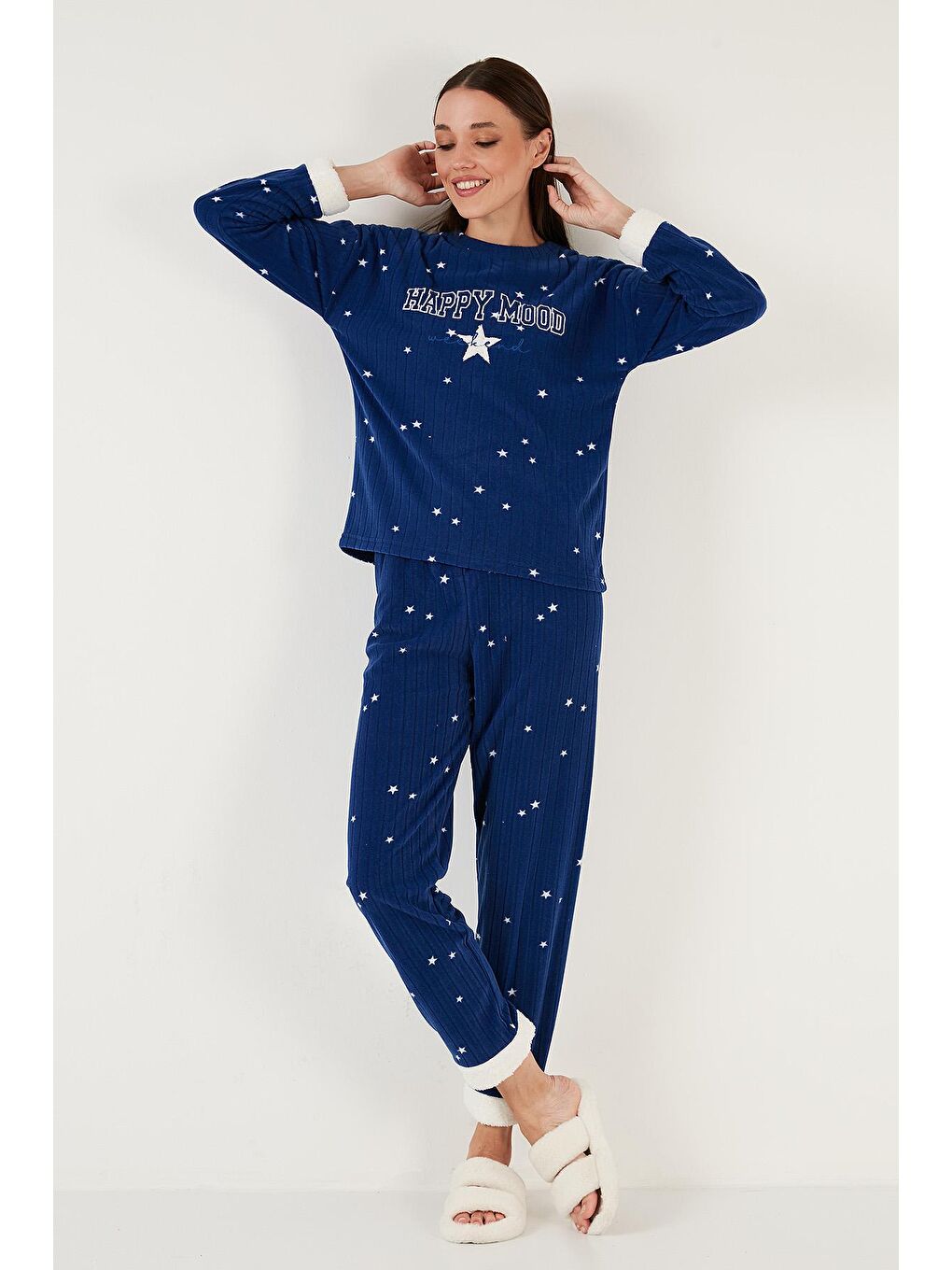 Lacivert Regular Fit Bisiklet Yaka Polar Pijama Takımı 6571005