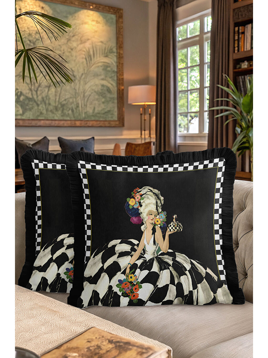Karışık Barok Zarif Saçaklı Yastık Kılıfı - Monokrom Retro Siyah Beyaz Püsküllü Kırlent Kılıfı-7