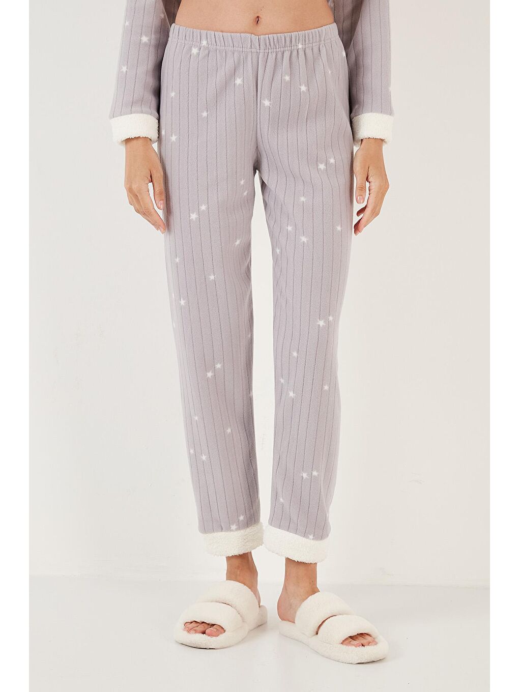 Gri Regular Fit Bisiklet Yaka Polar Pijama Takımı 6571005-3