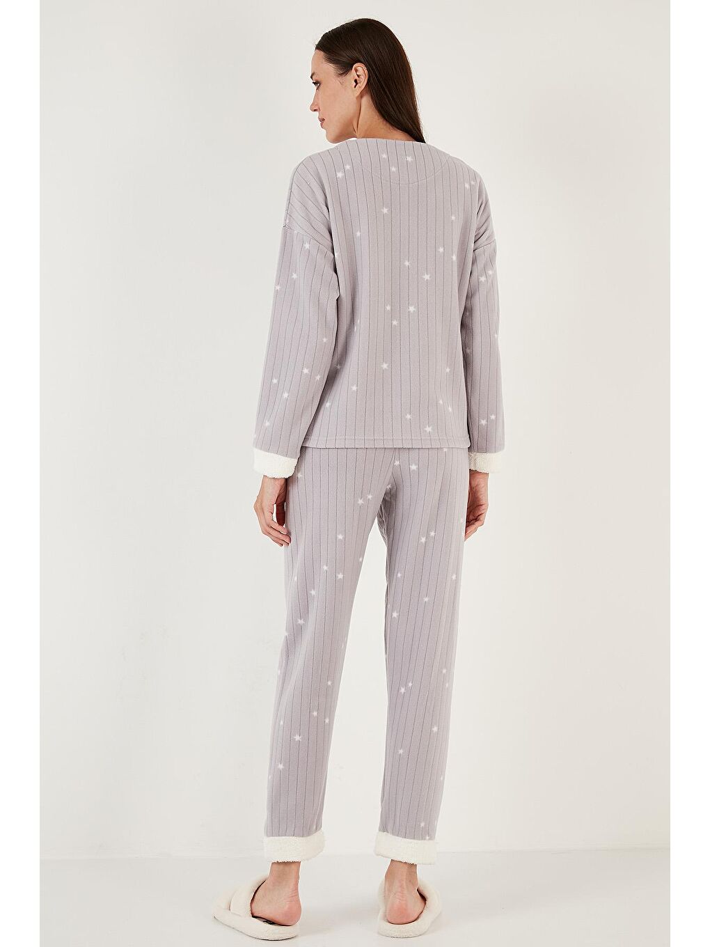 Gri Regular Fit Bisiklet Yaka Polar Pijama Takımı 6571005-4