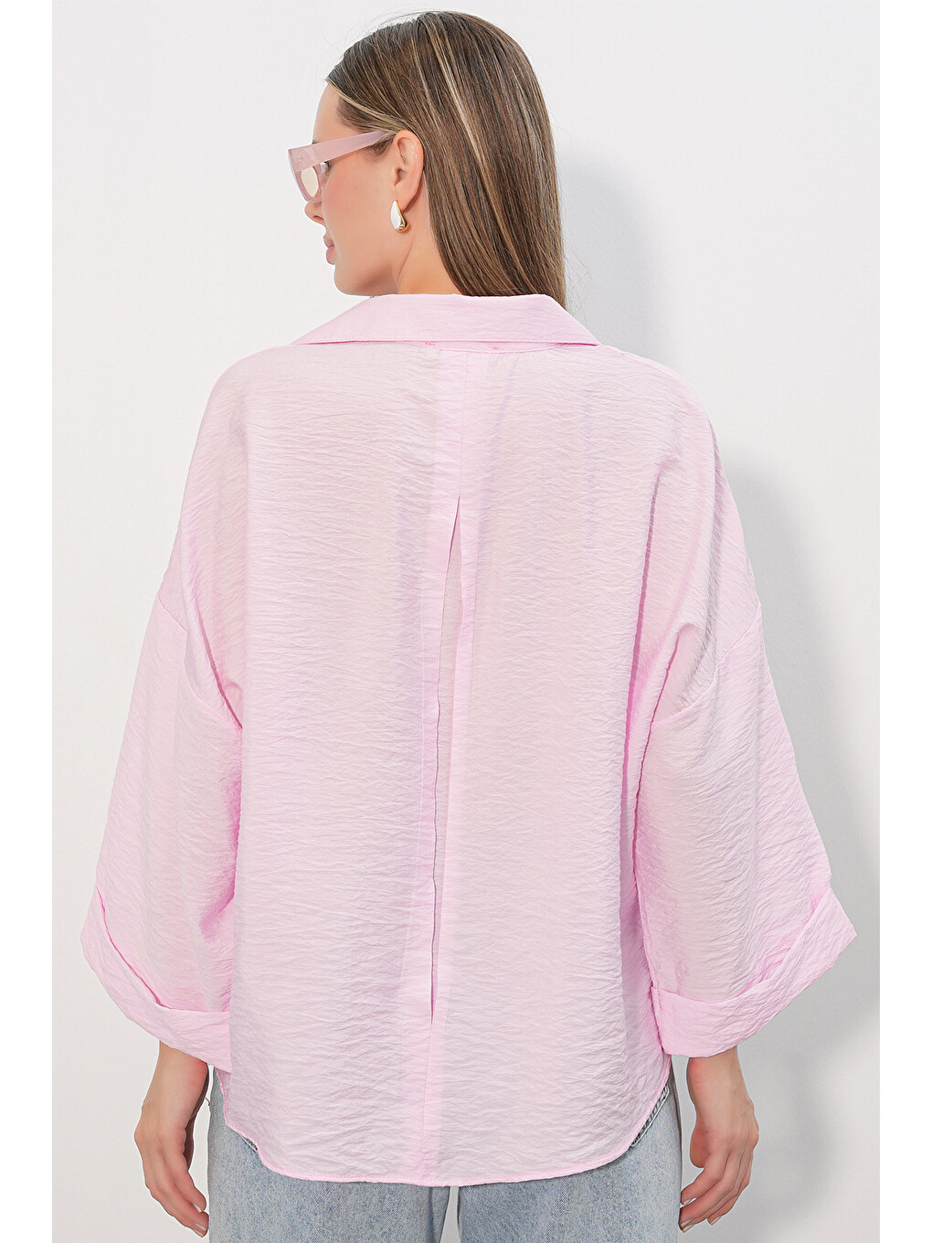 Kadın Geniş Kol Oversize Gömlek 20401 - Pembe-5