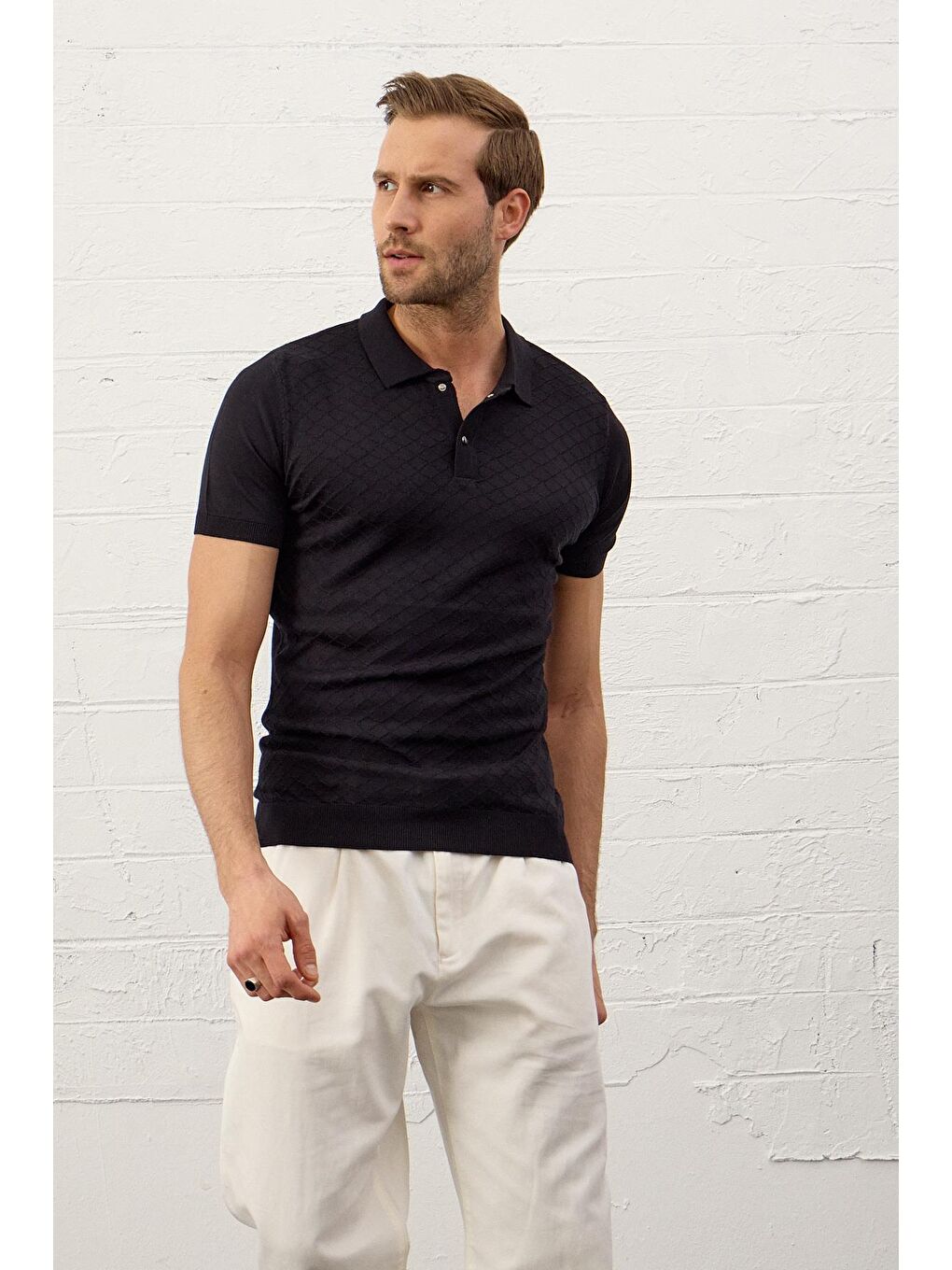 Erkek Yumuşak Dokulu Slim-Fit Kalıp Polo Yaka İnce Triko Tişört Koyu Lacivert