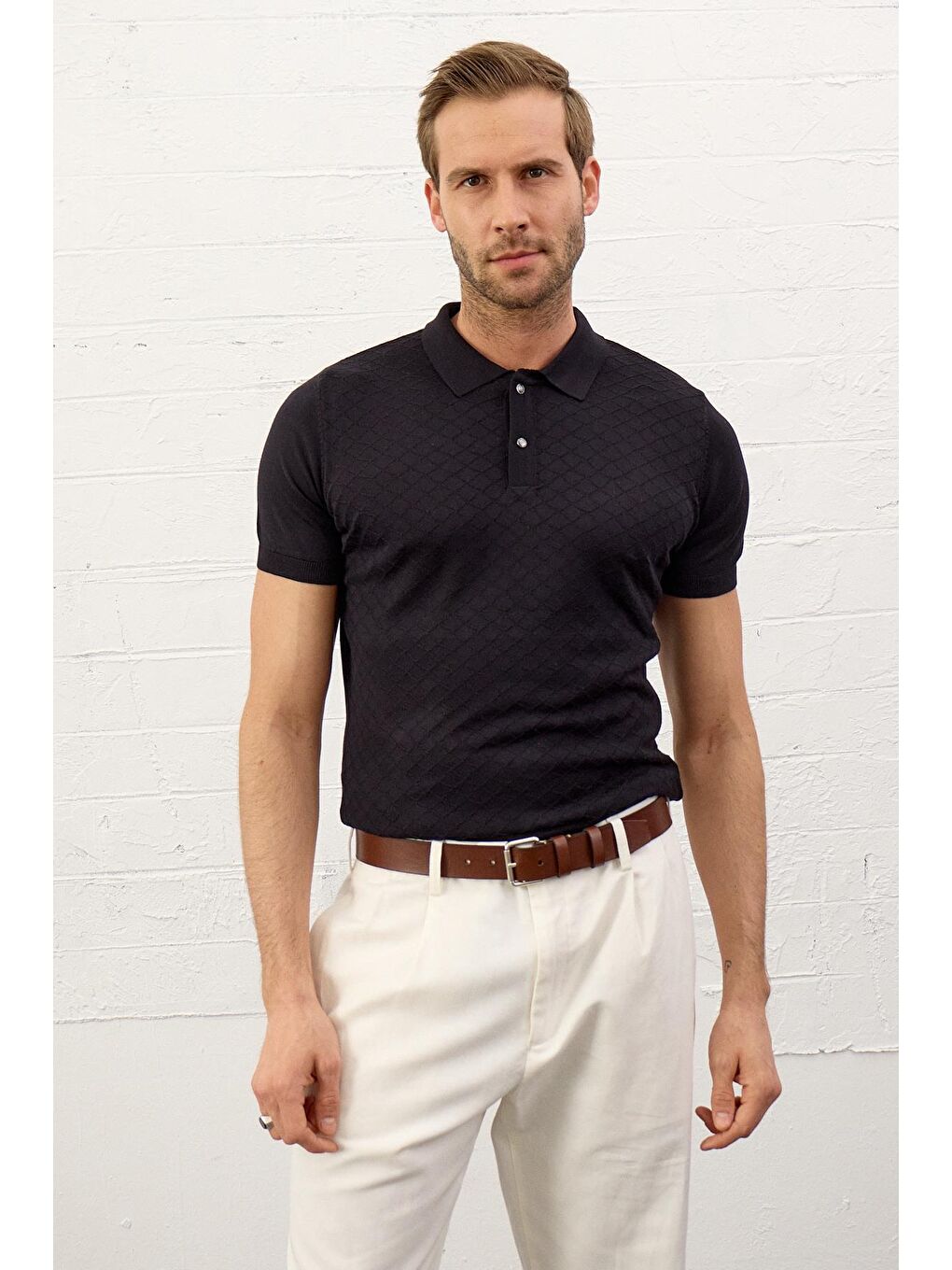 Erkek Yumuşak Dokulu Slim-Fit Kalıp Polo Yaka İnce Triko Tişört Koyu Lacivert-2