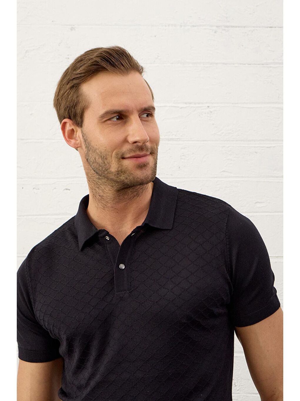 Erkek Yumuşak Dokulu Slim-Fit Kalıp Polo Yaka İnce Triko Tişört Koyu Lacivert-3