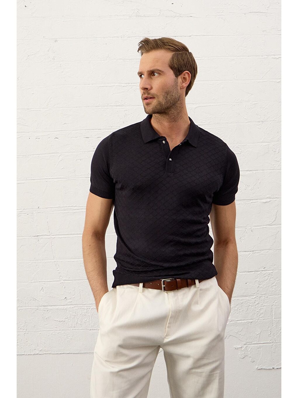 Erkek Yumuşak Dokulu Slim-Fit Kalıp Polo Yaka İnce Triko Tişört Koyu Lacivert-6