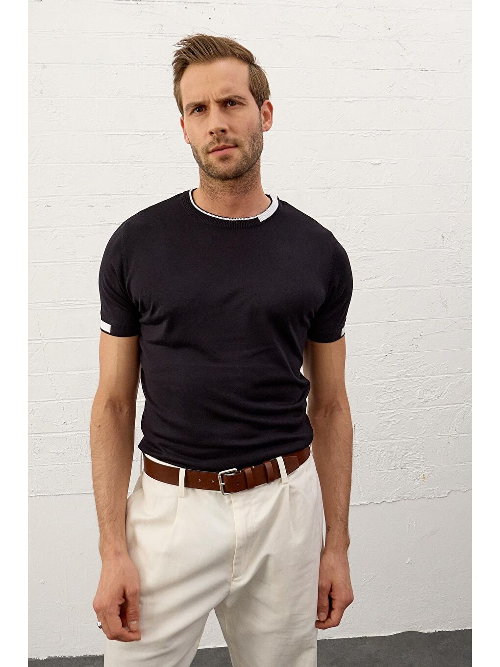 Danger Erkek Garnili Slim-Fit Yazlık Triko Tişört Lacivert - 4