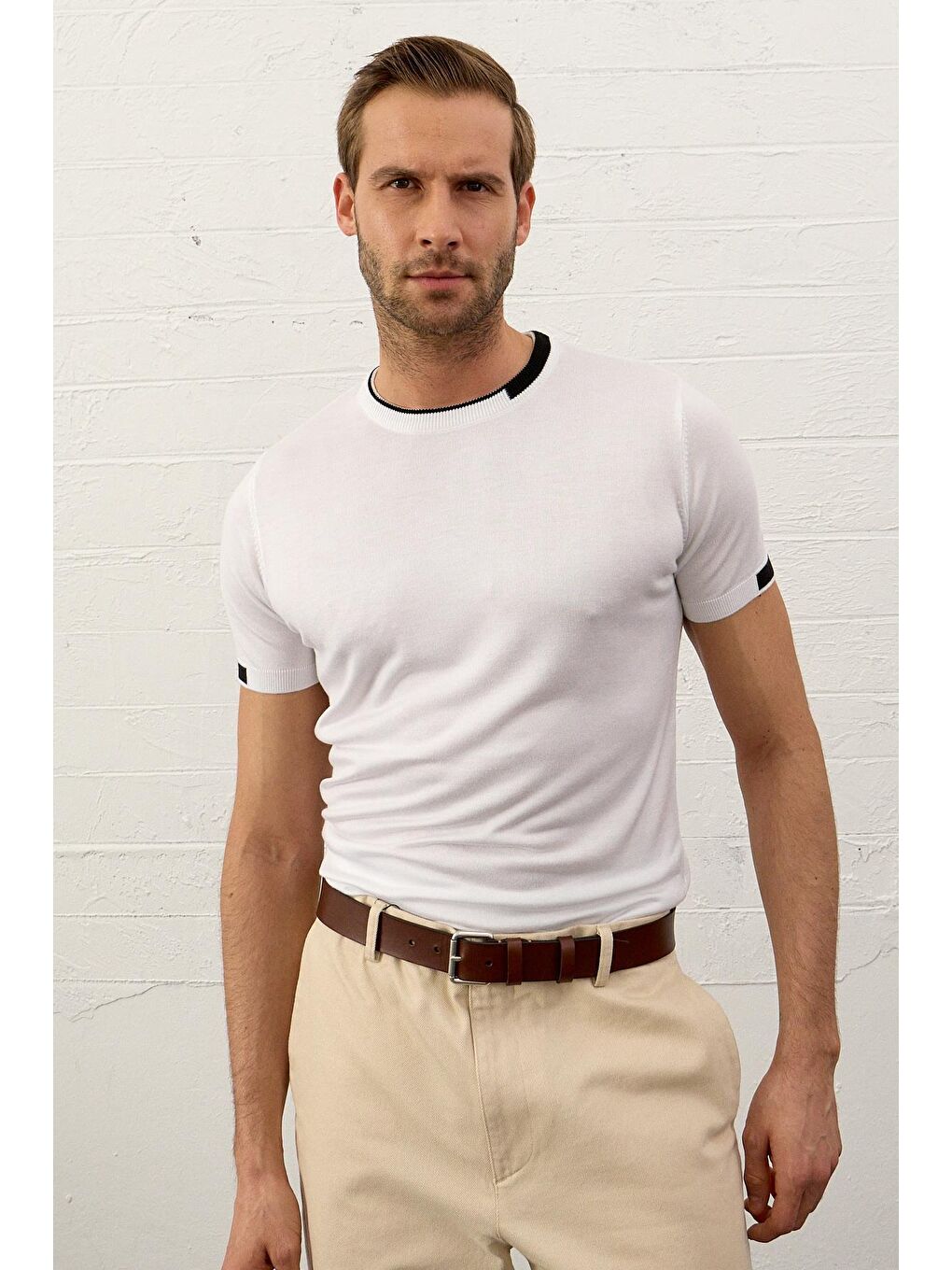 Erkek Garnili Slim-Fit Yazlık Triko Tişört Beyaz