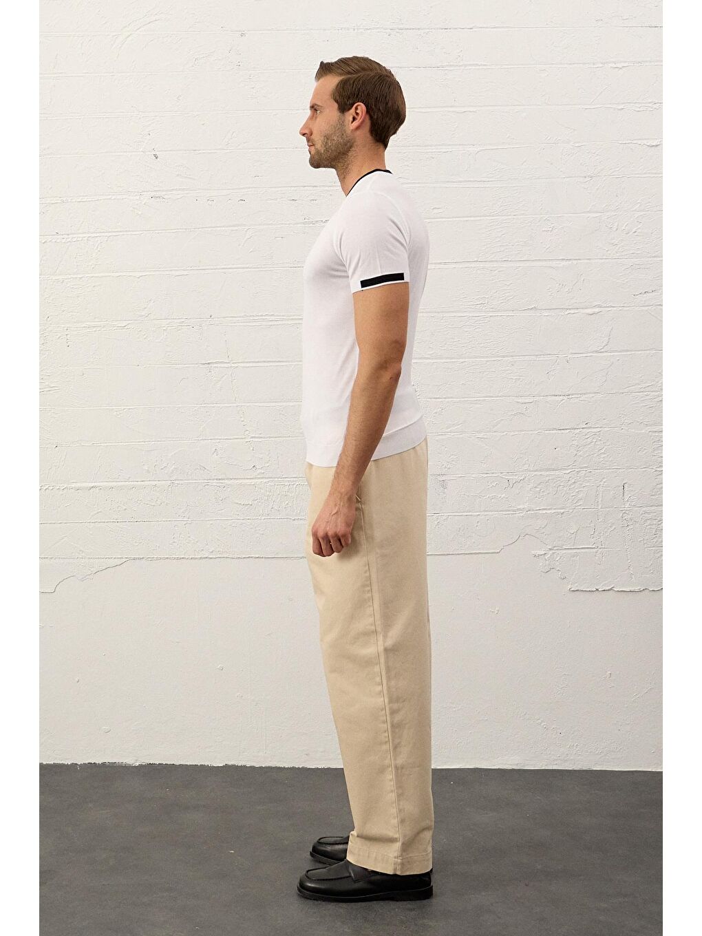 Erkek Garnili Slim-Fit Yazlık Triko Tişört Beyaz-1