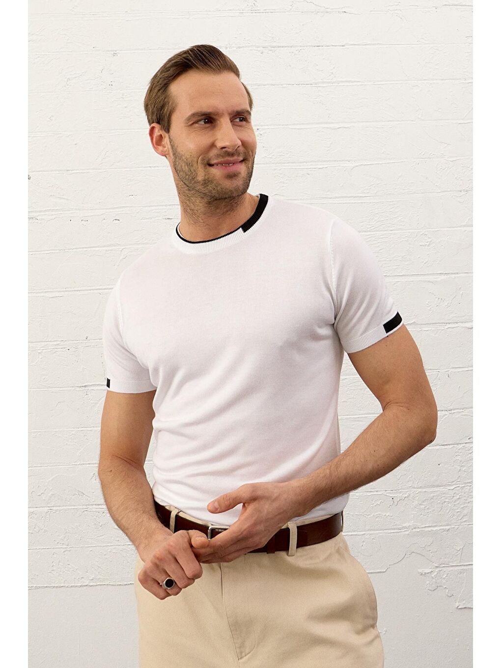 Erkek Garnili Slim-Fit Yazlık Triko Tişört Beyaz-2