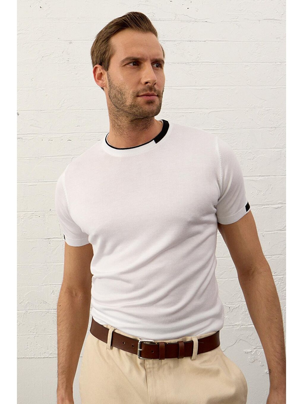 Erkek Garnili Slim-Fit Yazlık Triko Tişört Beyaz-3