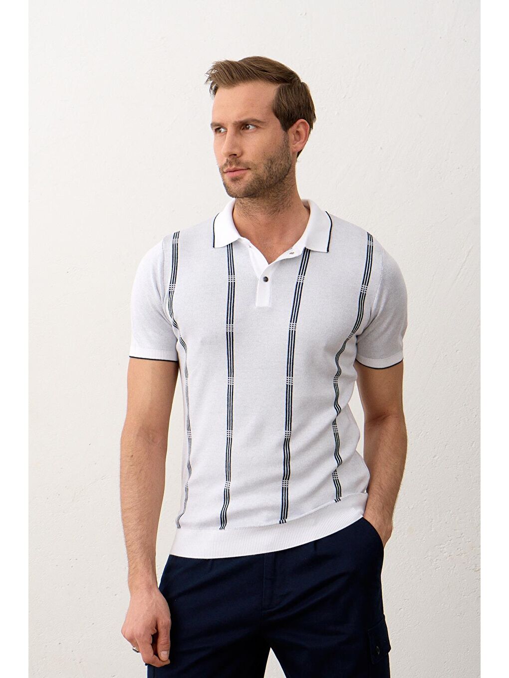 Danger Beyaz Slim-Fit Polo Yaka  İnce Triko Erkek Tişört - 1