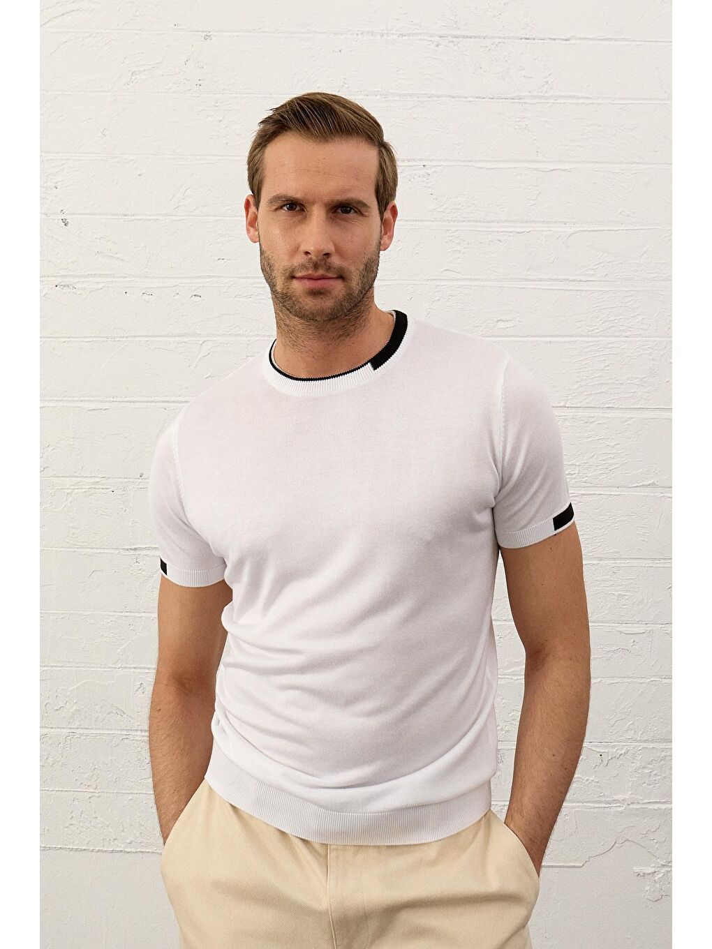Erkek Garnili Slim-Fit Yazlık Triko Tişört Beyaz-4