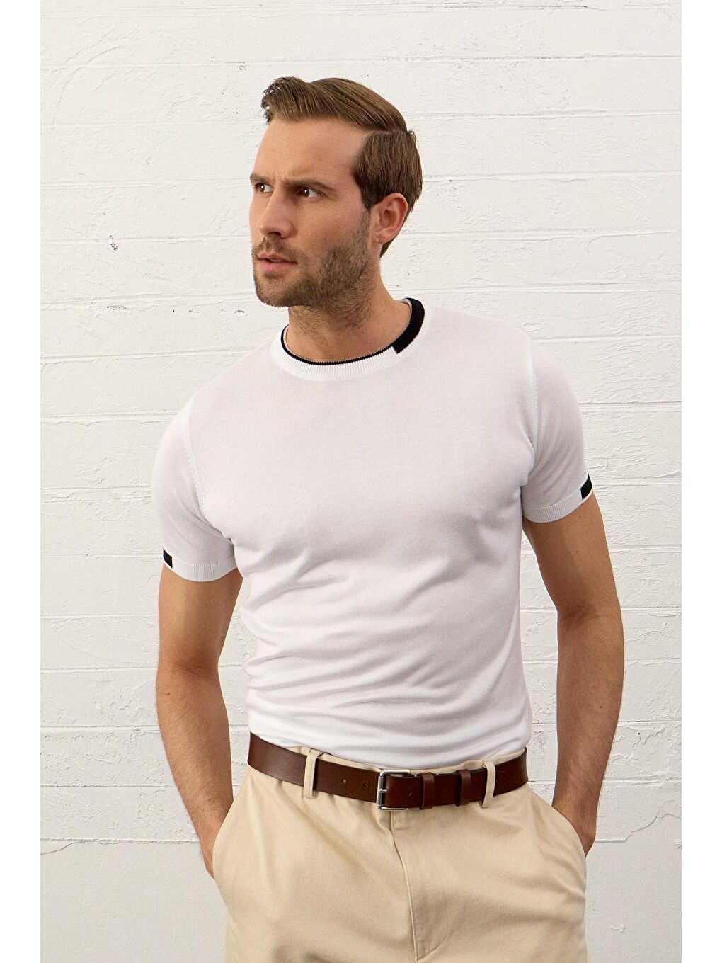 Erkek Garnili Slim-Fit Yazlık Triko Tişört Beyaz-5
