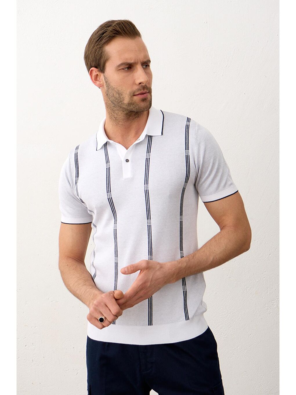 Danger Beyaz Slim-Fit Polo Yaka  İnce Triko Erkek Tişört - 3