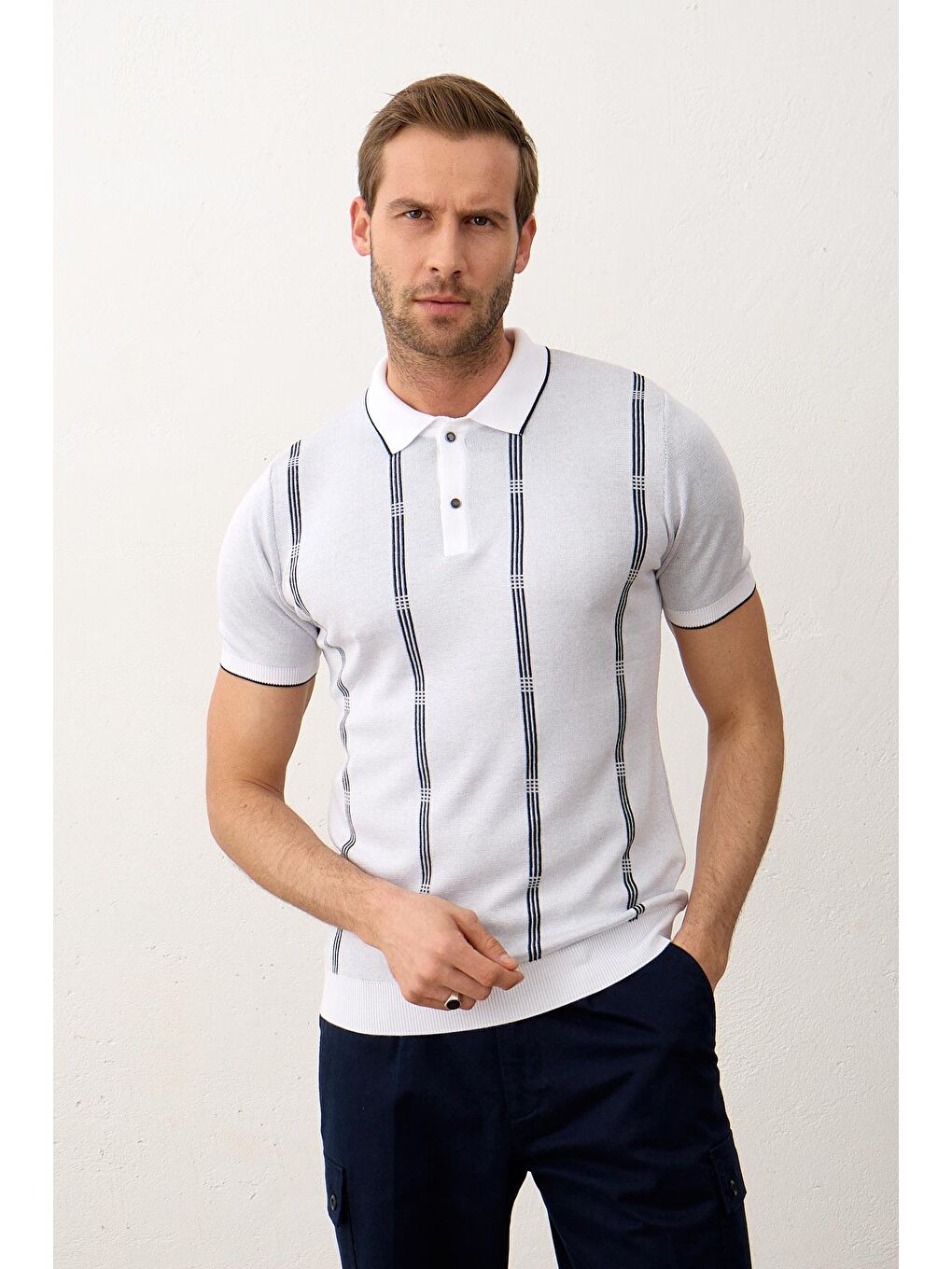 Danger Beyaz Slim-Fit Polo Yaka  İnce Triko Erkek Tişört - 4