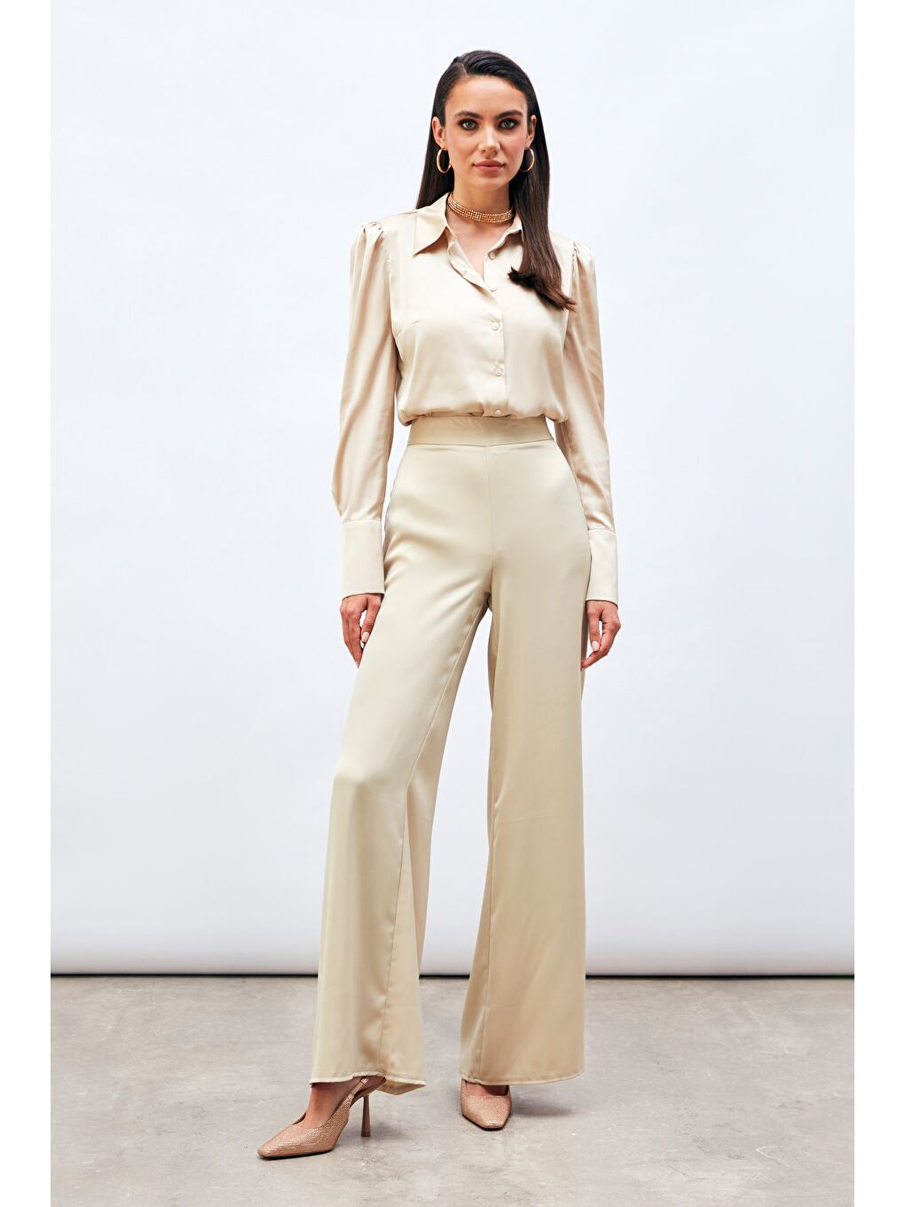 Yırtmaç Detaylı Saten Pantolon - Bej-3