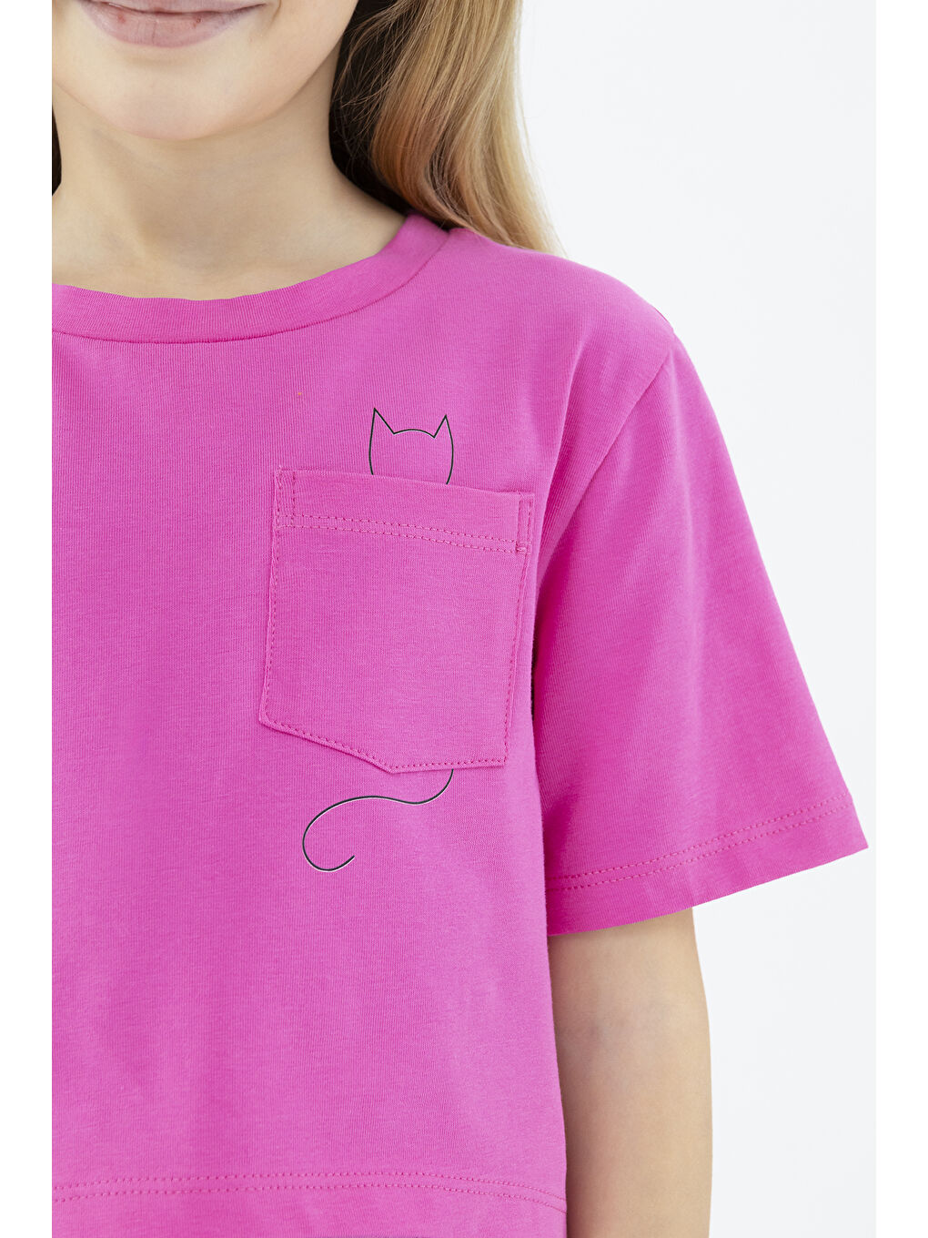 Kız Çocuk Cep Detaylı Fuşya Tişört-3