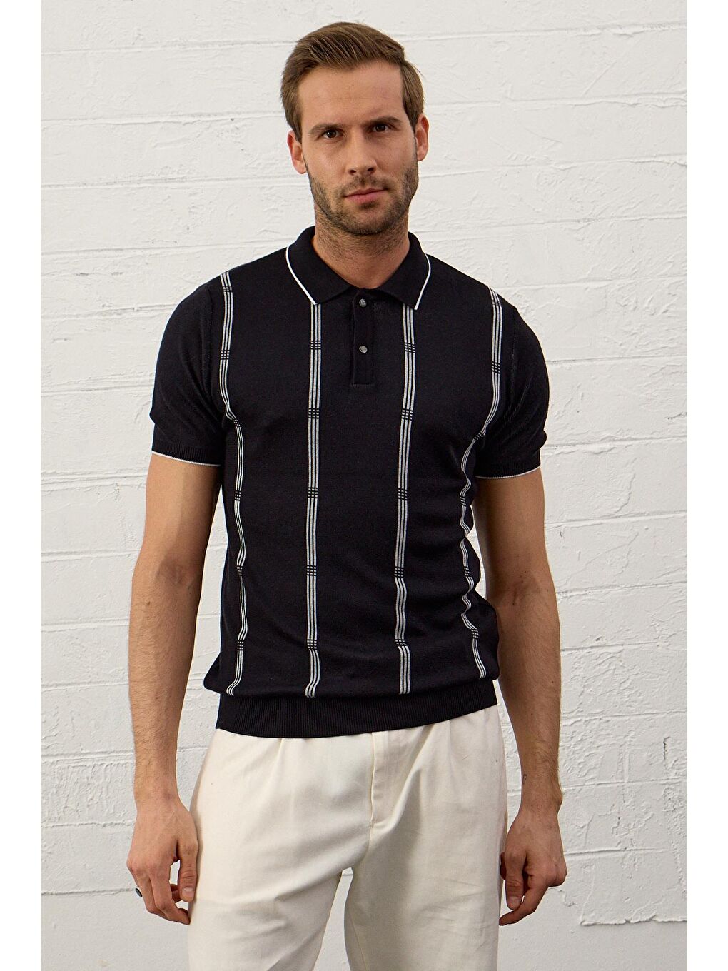 Erkek Slim-Fit Polo Yaka İnce Triko TişörtKoyu Lacivert