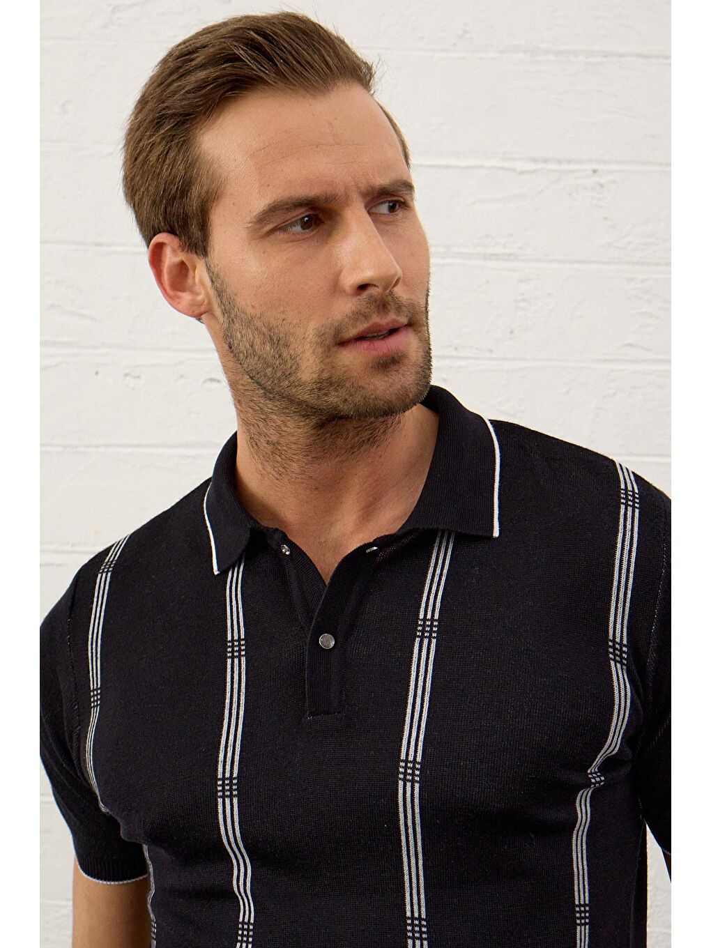 Erkek Slim-Fit Polo Yaka İnce Triko TişörtKoyu Lacivert-1