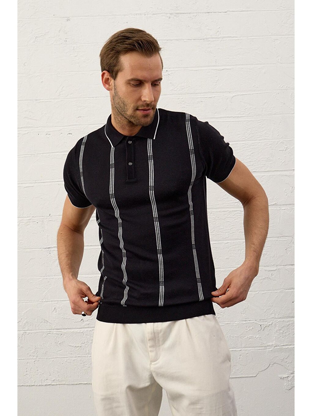 Erkek Slim-Fit Polo Yaka İnce Triko TişörtKoyu Lacivert-2