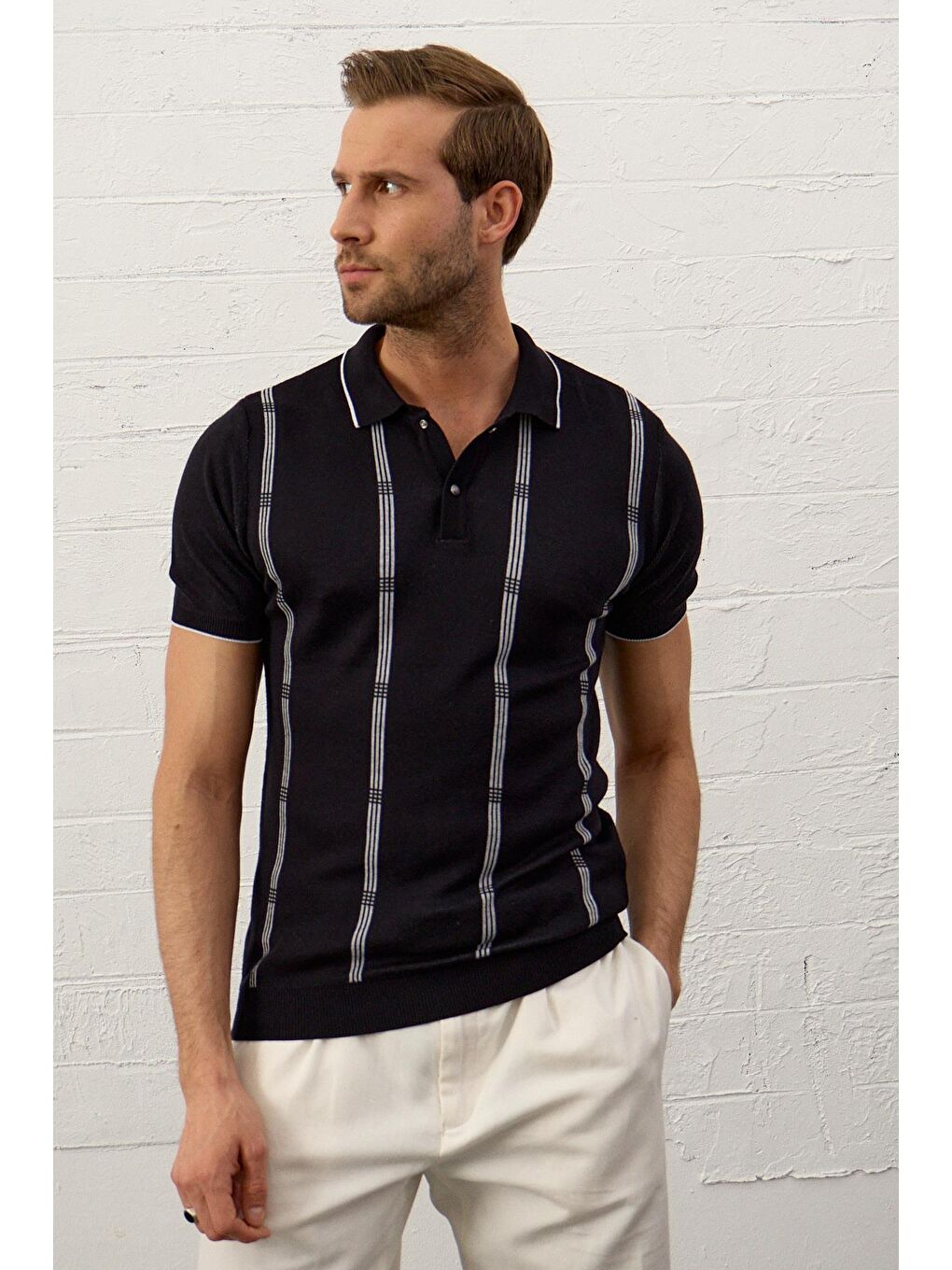 Erkek Slim-Fit Polo Yaka İnce Triko TişörtKoyu Lacivert-3