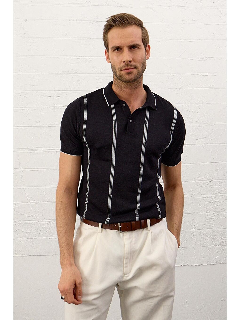 Erkek Slim-Fit Polo Yaka İnce Triko TişörtKoyu Lacivert-4