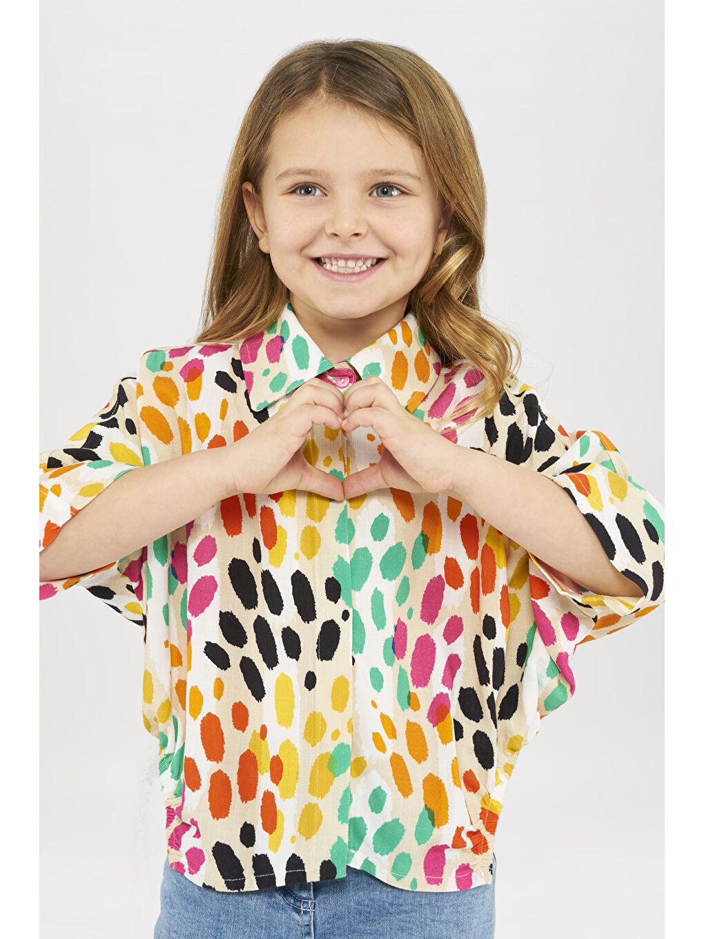 Kız Çocuk Renkli Leopar Desenli Bej Gömlek-1