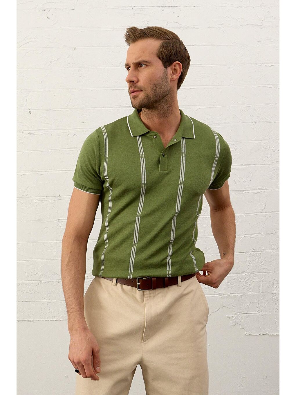 Erkek Slim-Fit Polo Yaka İnce Triko Tişört Yeşil