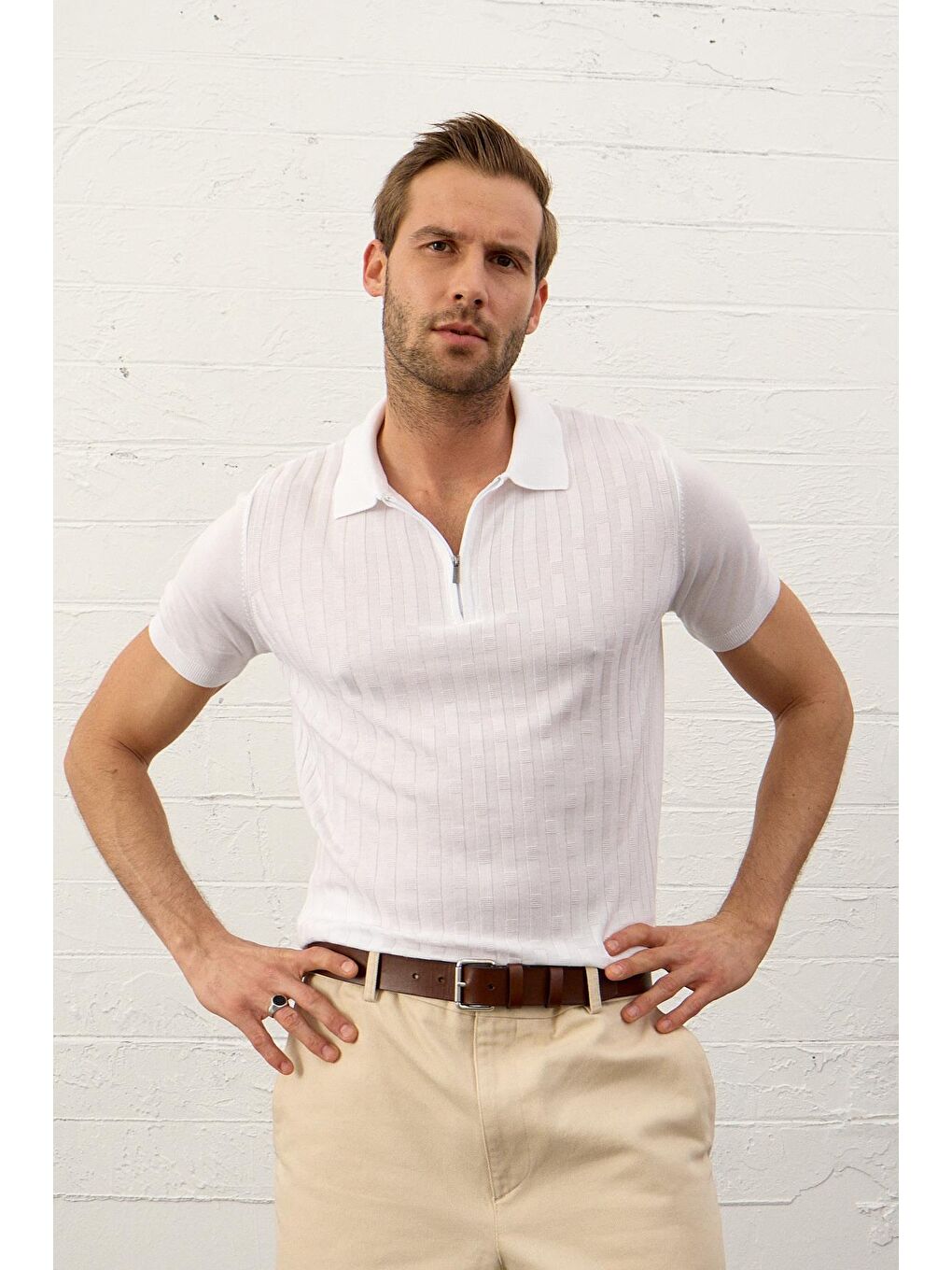 Danger Erkek Fermuarlı Slim-Fit Polo Yaka İnce Triko Tişört Beyaz