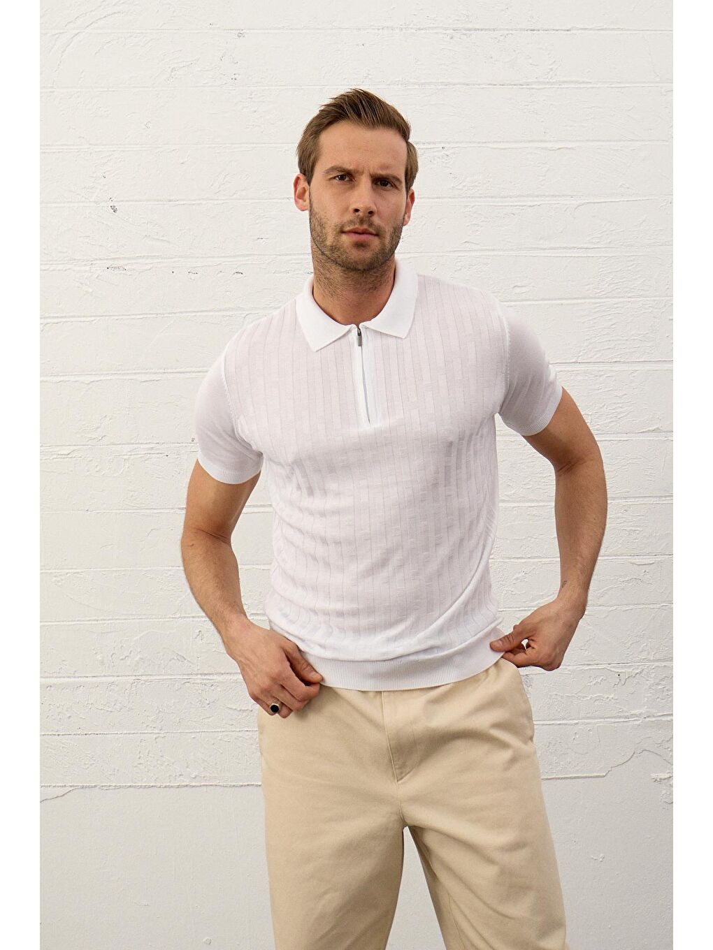Danger Erkek Fermuarlı Slim-Fit Polo Yaka İnce Triko Tişört Beyaz - 1