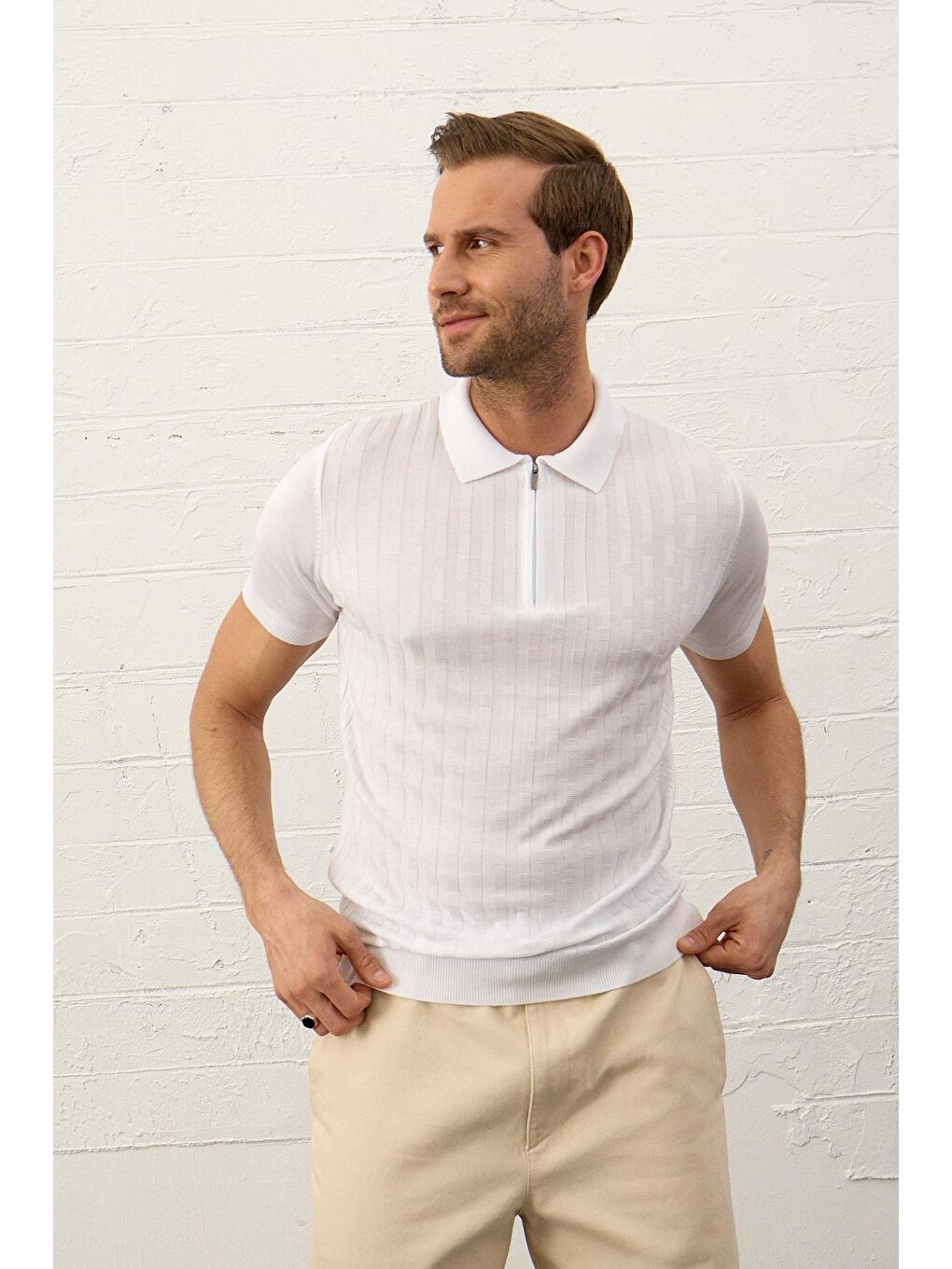 Danger Erkek Fermuarlı Slim-Fit Polo Yaka İnce Triko Tişört Beyaz - 3