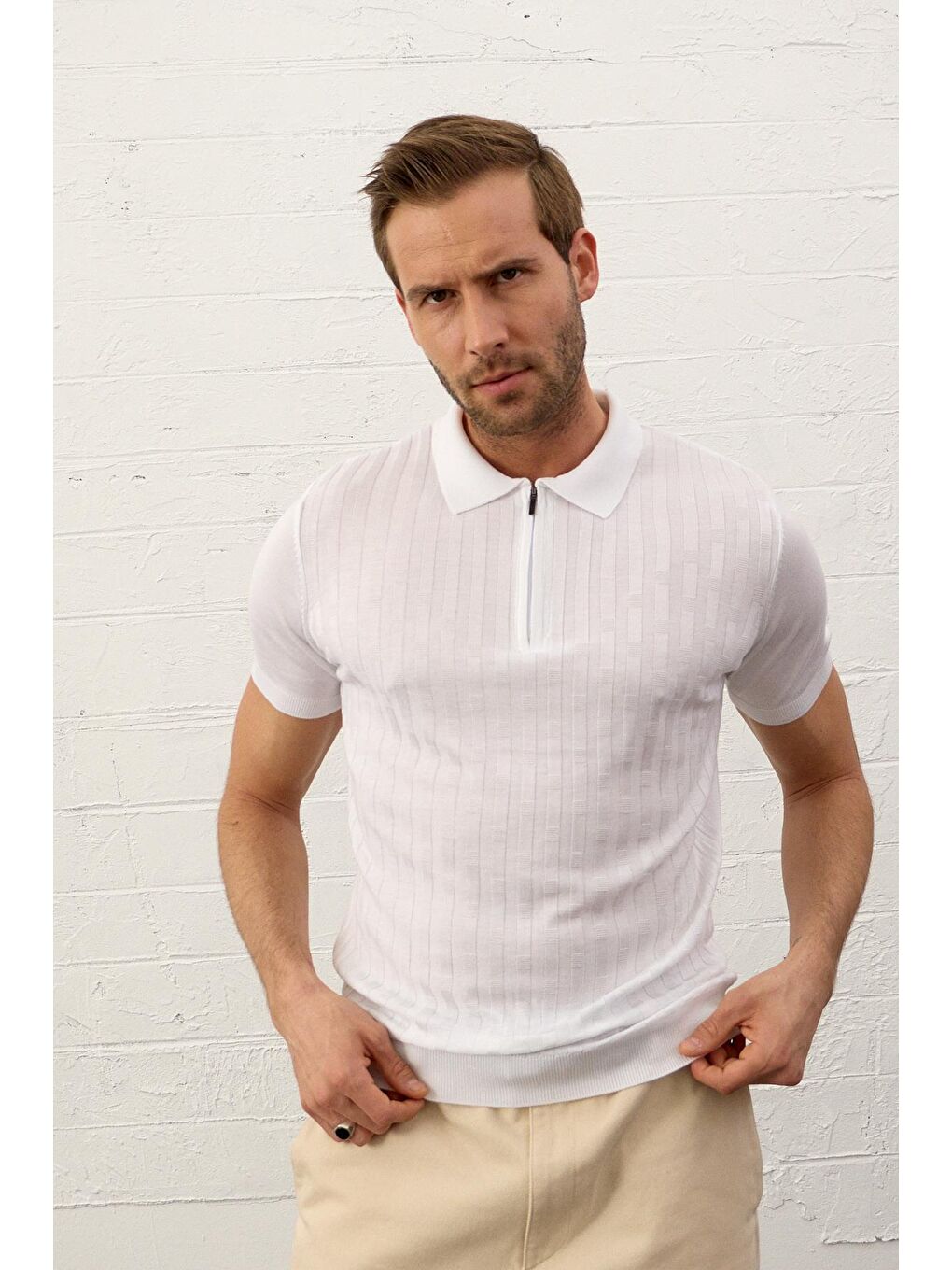 Danger Erkek Fermuarlı Slim-Fit Polo Yaka İnce Triko Tişört Beyaz - 5