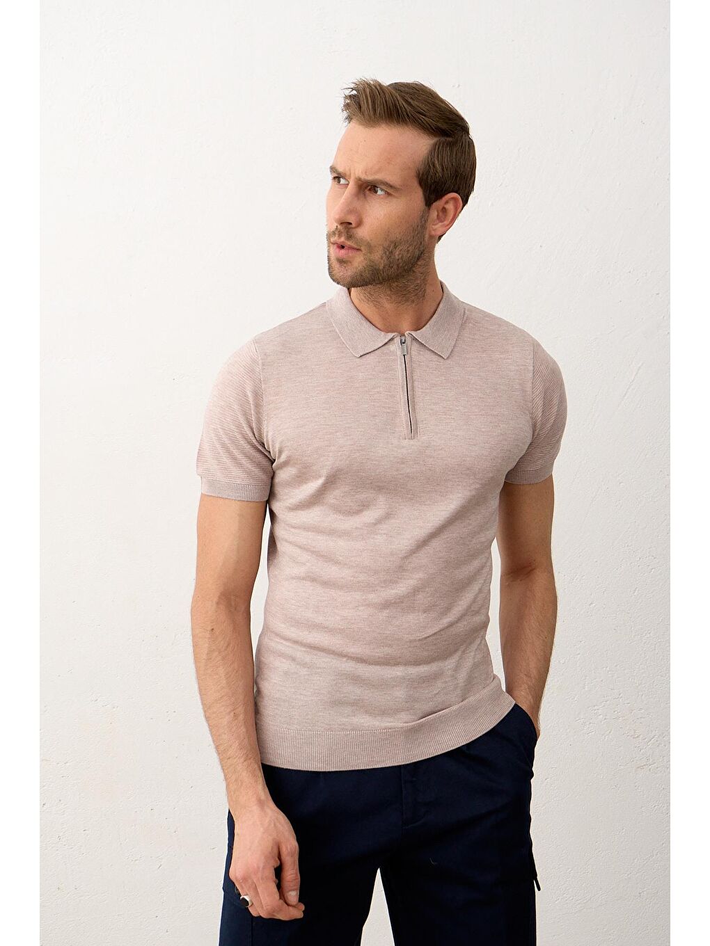 Kahverengi Erkek Basic Slim-Fit Polo Yaka Yazlık Triko Tişört Açık Kahve