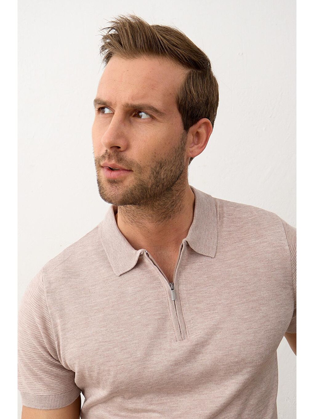 Kahverengi Erkek Basic Slim-Fit Polo Yaka Yazlık Triko Tişört Açık Kahve-2