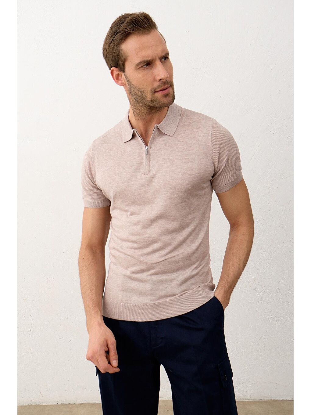 Kahverengi Erkek Basic Slim-Fit Polo Yaka Yazlık Triko Tişört Açık Kahve-3