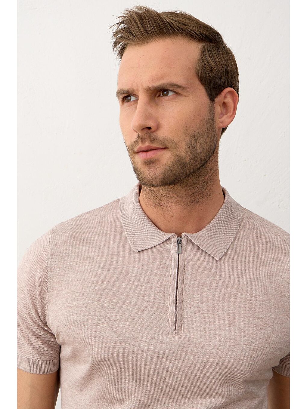 Kahverengi Erkek Basic Slim-Fit Polo Yaka Yazlık Triko Tişört Açık Kahve-4