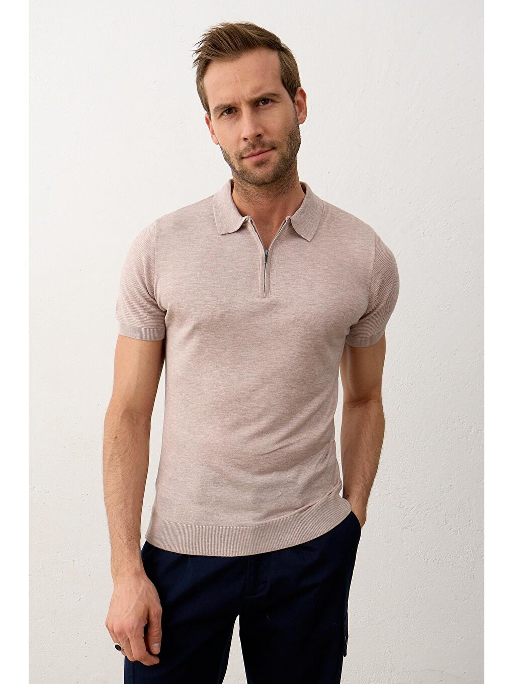 Kahverengi Erkek Basic Slim-Fit Polo Yaka Yazlık Triko Tişört Açık Kahve-5