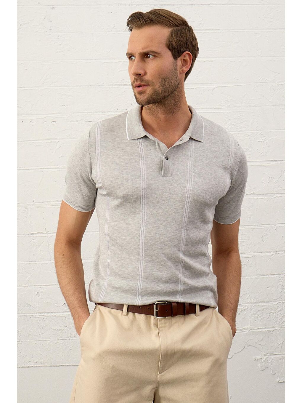 Gri Slim-Fit Kalıp Polo Yaka İnce Triko Erkek Tişört-4
