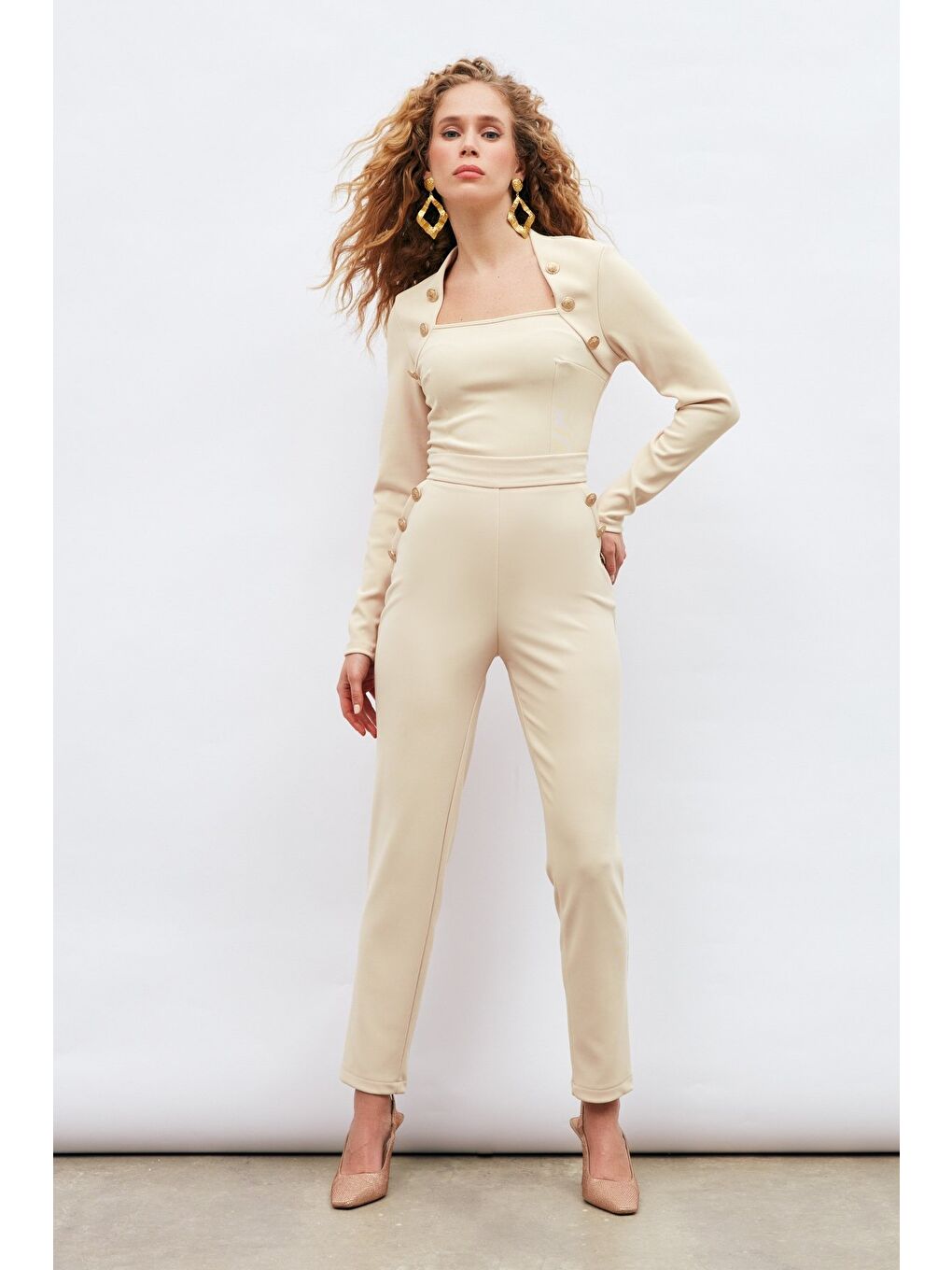 Düğme Detaylı Pantolon - Bej