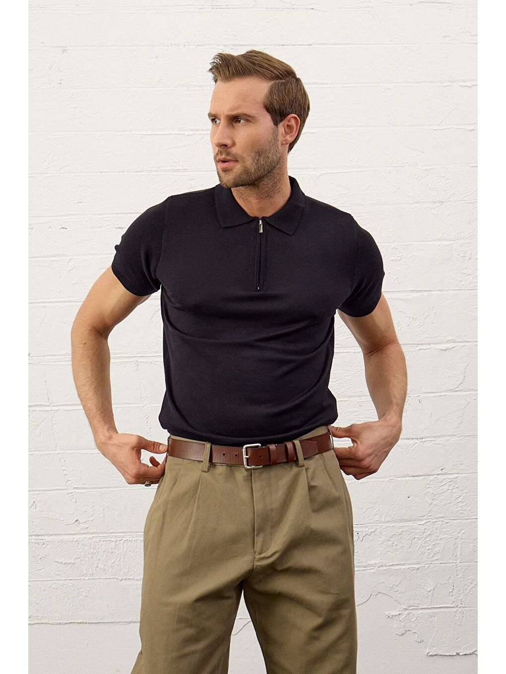 Danger Erkek Basic Slim-Fit Polo Yaka Yazlık Triko Tişört Koyu Lacivert