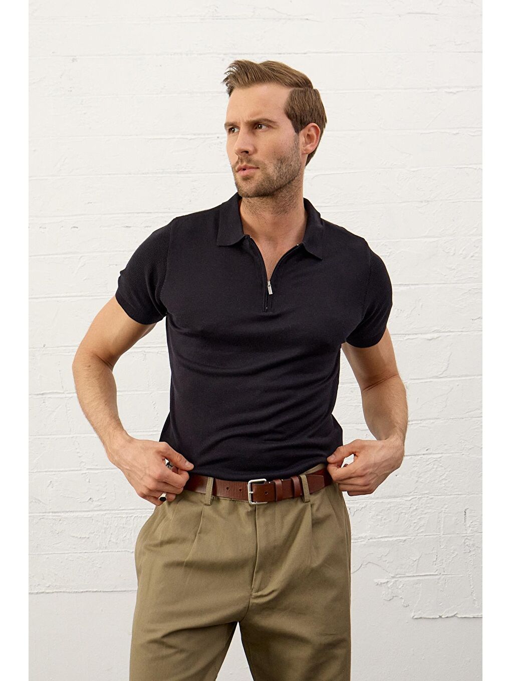 Danger Erkek Basic Slim-Fit Polo Yaka Yazlık Triko Tişört Koyu Lacivert - 1