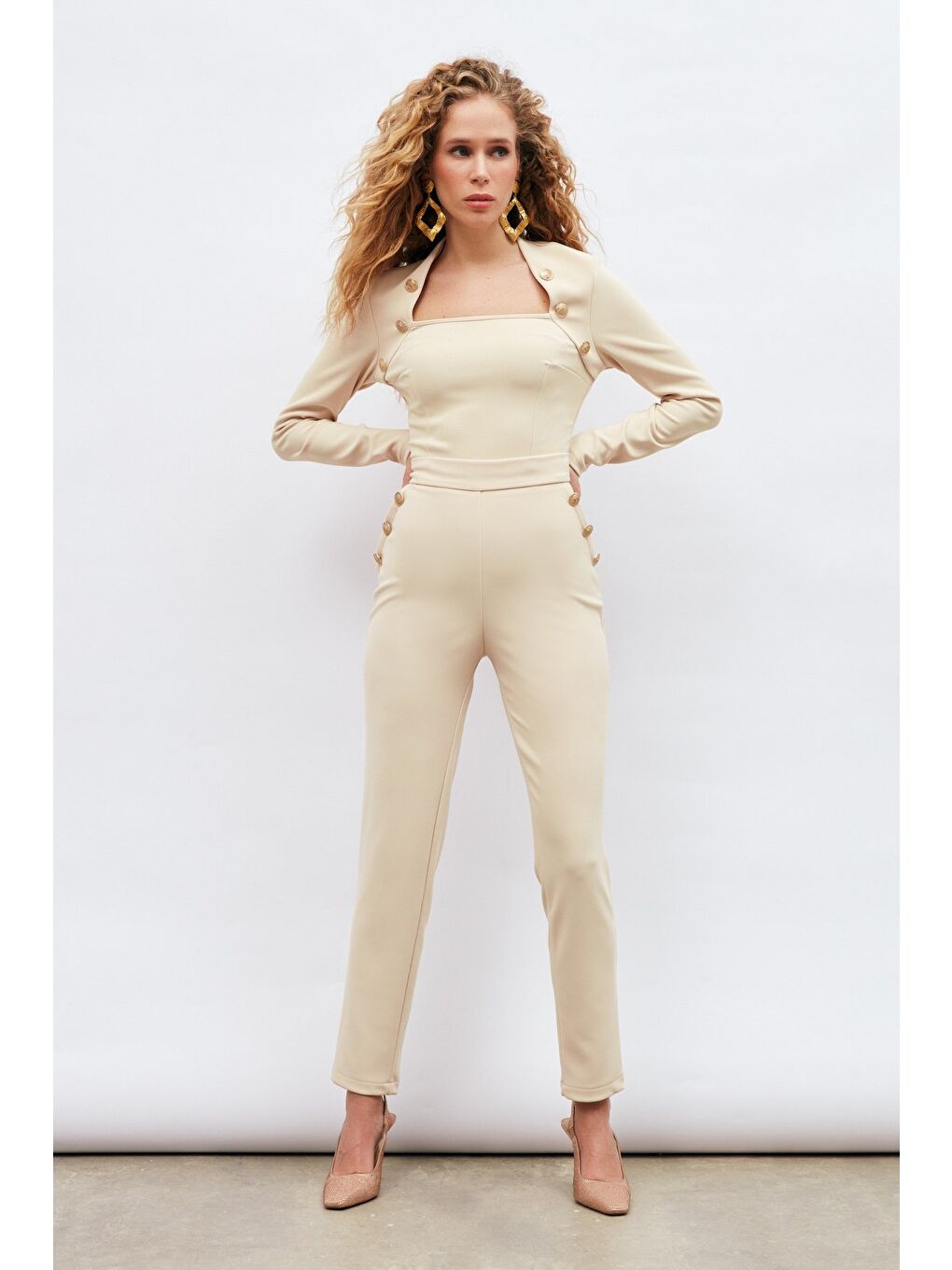 Düğme Detaylı Pantolon - Bej-1